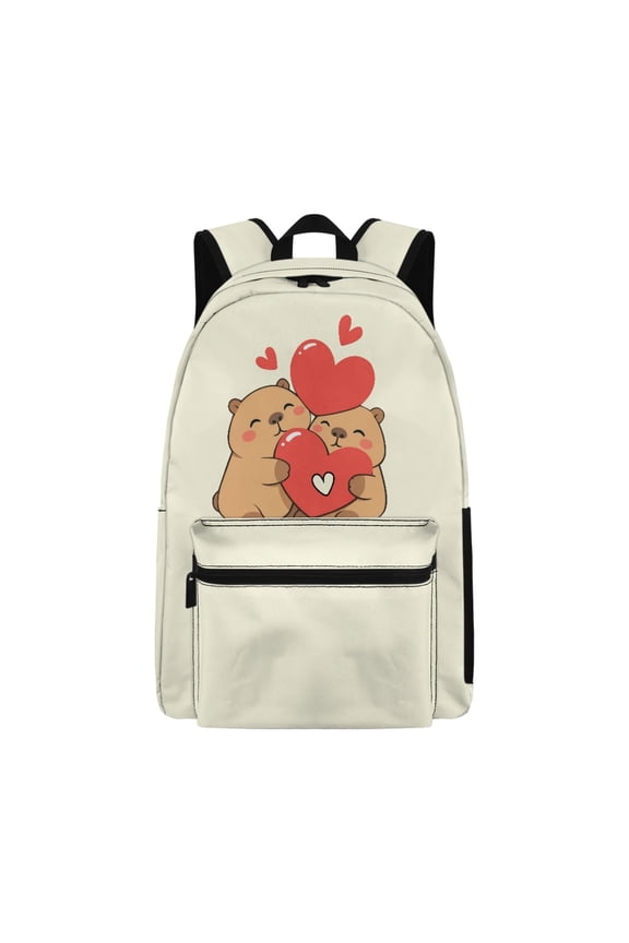 Romantic Valentine's Day Backpack featuring Capybara Couple Hearts - Perfect for Students Daily Commute