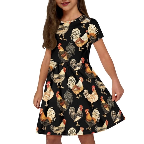 Uourmeti Rooster Teen Girls Short Sleeve Dress Summer Soft Swing Dresses with Pockets Lightweight Soft Crew Neck Knee Length A-Line Dress Beach Dresses