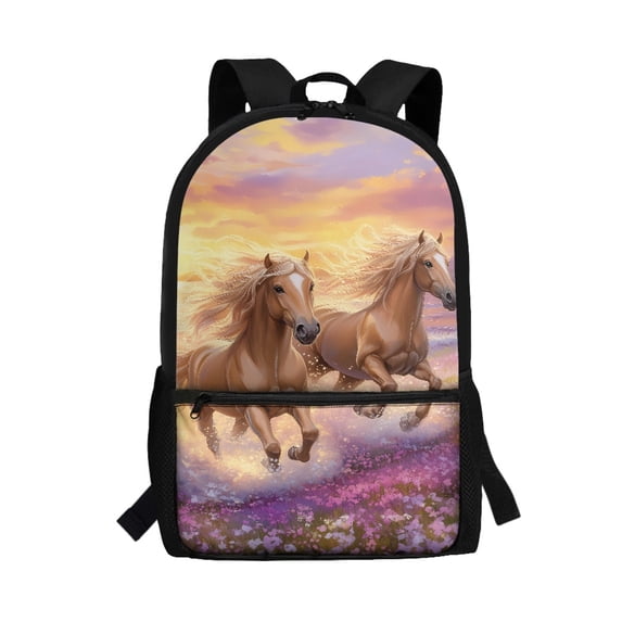 Uourmeti Running Horses Purple Flower Field Backpack for Students, 17 Inch Durable Large Capacity School Backpack for Travel Night Out
