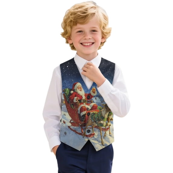 Uourmeti Santa's Sleigh Boys Gentleman Formal Waistcoat Polyester Not Easy to Fade Daily Casual Formal Vest for Holiday Party