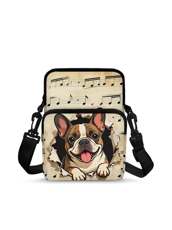 Satchel Crossbody Bag with French Bulldog Music Pattern, Zippered Lightweight Bag for Women for Daily Travel and Running