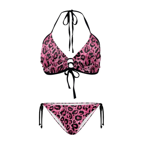 Uourmeti Sexy Pink Leopard Print Halter Triangle Bikini Set - Tie Side Two Piece Swimsuit for Beach Vacations & Pool Parties | Figure Hugging, Quick Dry