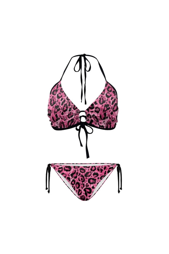 Sexy Pink Leopard Print Halter Triangle Bikini Set - Tie Side Two Piece Swimsuit for Beach Vacations & Pool Parties | Figure Hugging, Quick Dry