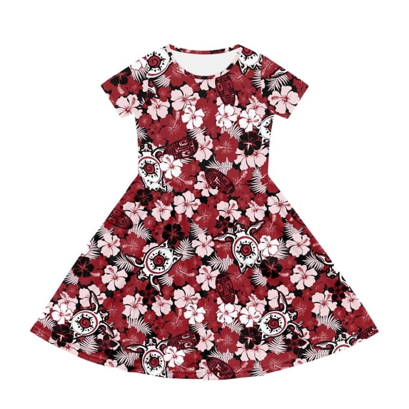 Uourmeti Short Sleeve Casual Dress 2-14 Years Old Flowy Comfortable Girls Short Sleeve Dress 1 pc,Hawaiian Hibiscus Floral Print