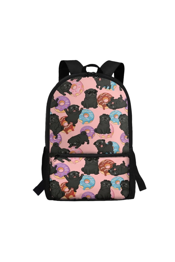Side Pockets Backpack for Outdoor Daily Use, 17 Inch Large Capacity Student Bookbag, Cartoon Black Pug & Donut Pattern