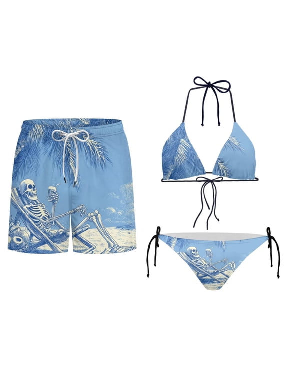 Skeleton Coconut Couples Swimsuits Matching Set Goth Lightweight Board Shorts for Men & Soft Bikini for Women, Tropical Summer Style