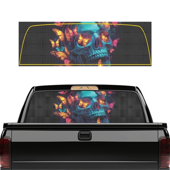 Uourmeti Skull Butterflies Pickup Truck Rear Window Decal 66.9" x 22.4", Fade Resistant Vinyl Perforated Stickers for Most Pickup Trucks