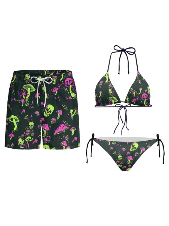 Skull Mushroom Bikini Sets Women's Swimsuit 2 Piece, Funny Goth Matching Couples Swimsuits Matching Bathing Suits for Couples Beach Swimwear