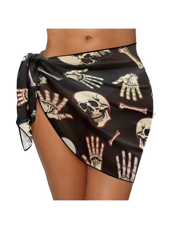 Skull Print Sarong Coverups for Women Beach Cover Up Y2K Goth Soft Chiffon Mesh Sheer Bikini Wrap Skirt Swimsuit Wrap