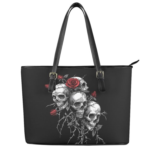 Uourmeti Skulls with Red Roses & Thorn Vines Pattern Large Capacity Tote Bag, PU Leather Saddle Handbag Zippered Top Handle Purse for Workout Dating