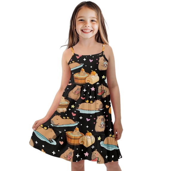 Uourmeti Sleepy Capybara Print Girls Dresses Little Big Girls Cute Sundress Causal Spaghetti Strap Flowy Tiered Dress 5-6T Party School A Line Short Dress