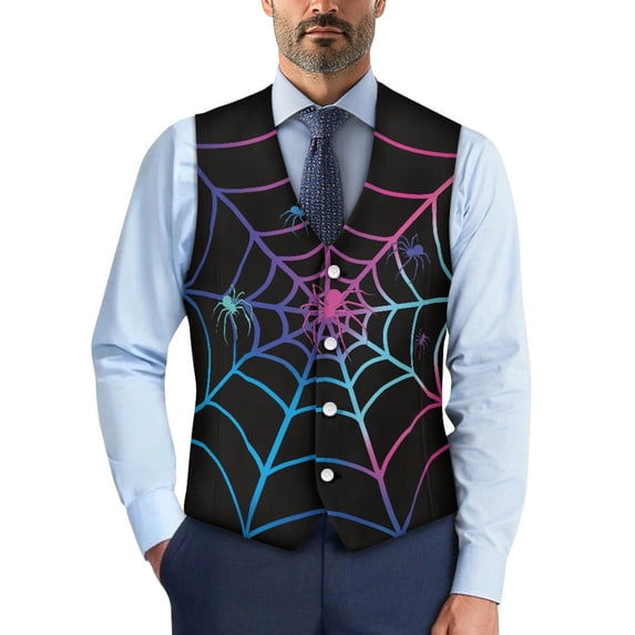 Uourmeti Slim Fit Formal Vest for Party Corporate, Woven Fabric Button Casual Waistcoat Vest, Colorful Spider Web Design