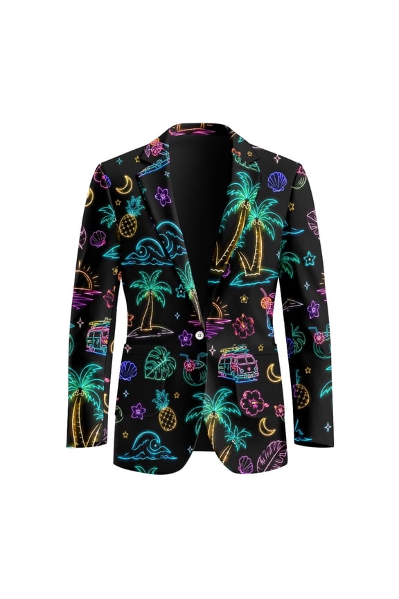 Slim Fit Single Button Blazer Jacket with Neon Tropical Print, Polyester Lightweight Long Sleeve Coat for Business and Formal Prom