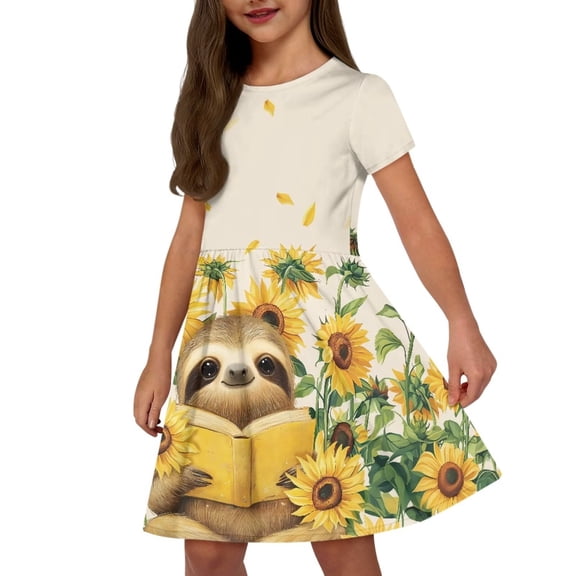 Uourmeti Sloth Short Sleeve Dress for Girls 12-14 Sunflower Soft Crewneck Knee Length A-Line Dress School Swing Dresses with Pockets