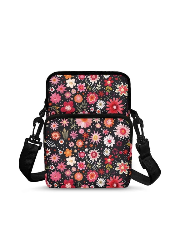 Small Crossbody Messenger Bag with Colorful Floral Pattern, Polyester Lightweight Zipper Purse for Women Hiking and Daily Shopping