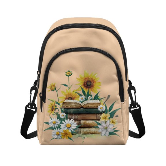 Uourmeti Small Crossbody Wallet with Sunflower Books Floral Print, Polyester Zipper Closure Sling Bag for Shopping and Daily Travel
