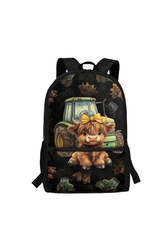 Smooth Zipper 17 Inch Backpack for Hiking Work, Stylish Durable Fabric School Backpack, Bull Tractor Pattern
