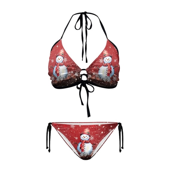 Uourmeti Snowman Halter Neck Bikini Set - Two Piece Triangle Swimsuit with Snowflake Design - Sexy Tie Side Bathing Suit for Winter Beach Vacations