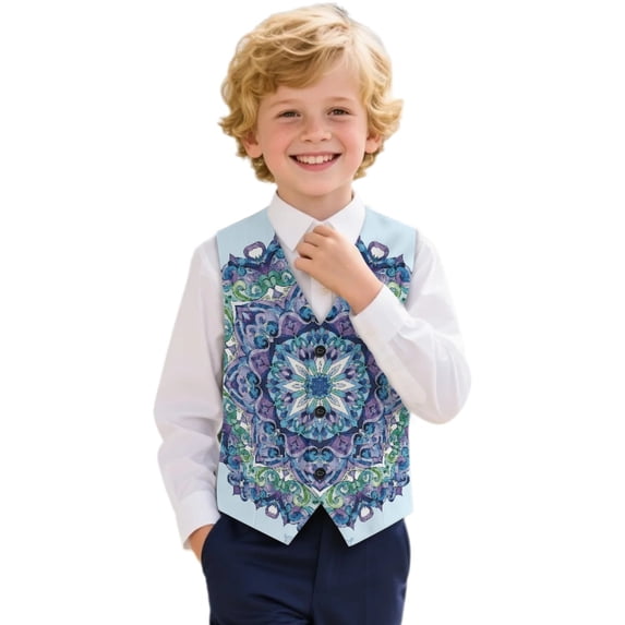 Uourmeti Soft Boys Gentleman Formal Suit Vest Adjustable Back Breathable Polyester Boys Dress Vest, Blue Mandala Design