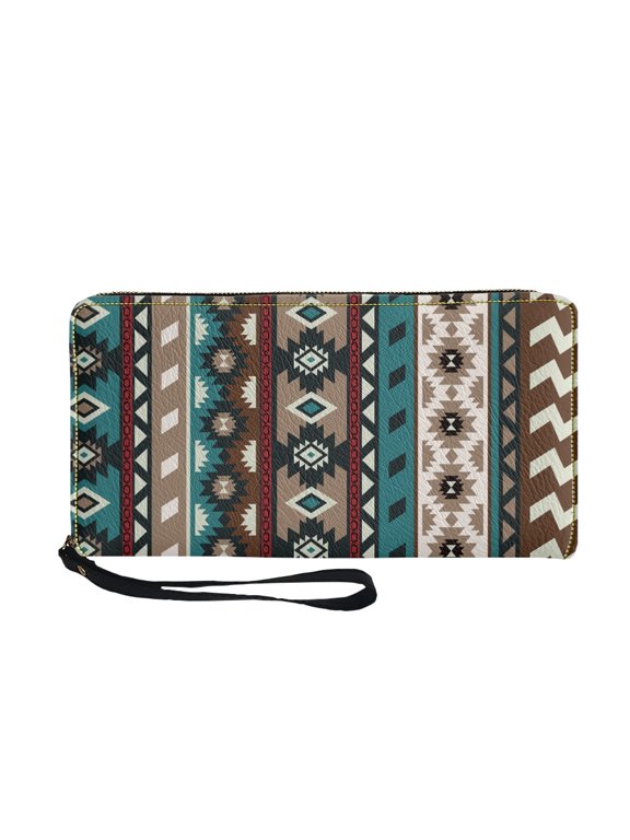 Southwestern Geometric Pattern Large Capacity Long Purse, Zip-Around Long Wallet with Zipper for Travel Dating Business
