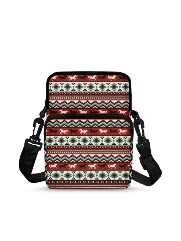 Southwestern Horse Aztec Pattern with Zipper Crossbody Purse, Polyester Crossbody Bags Front Pocket Cell Phone Messenger Bag for Daily Commute Casual Use