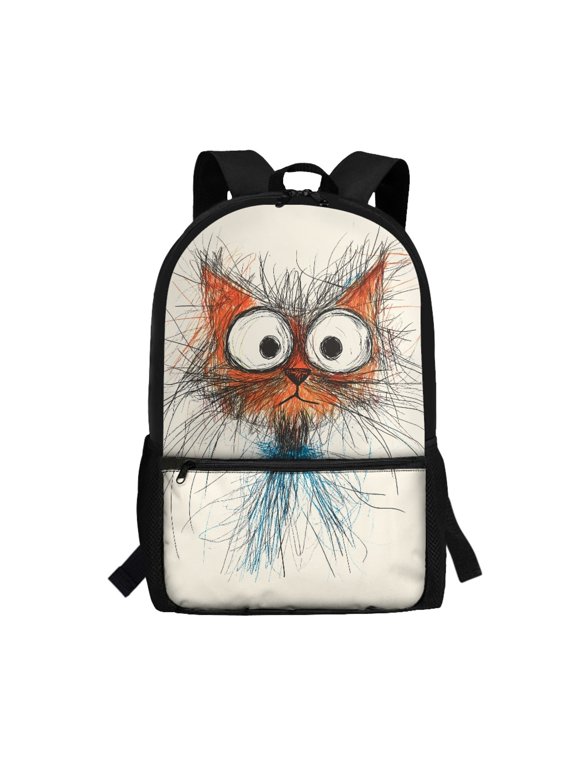 Spacious Interior 17 Inchs School Bookbag for Shopping Travel, Big Storage Space Smooth Zipper School Backpack, Cartoon Cat Orange Ears