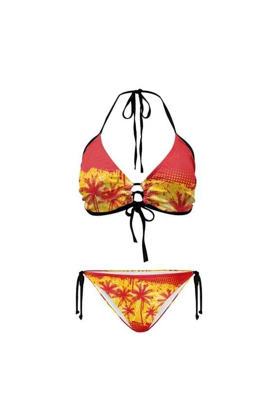 Spain Tropical Palm Tree Cheeky Bikini Sets for Women V Neck Lace Up Low Waist Lightweight Comfy Two Piece Swimsuit Bikini Bathing Suits