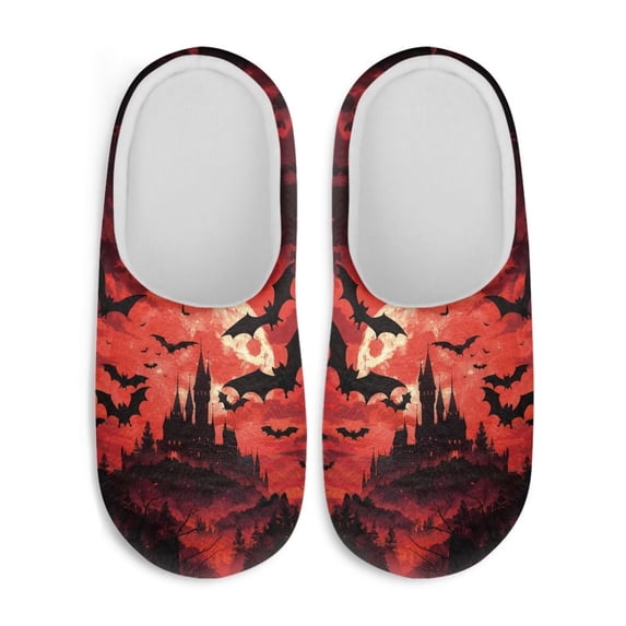 Uourmeti Spooky Bat Castle Bedroom Shoes Cozy Comfy Plush Fuzzy Warm Fur Lined Washable Comfortable Cute Girls Ladies Home Slippers