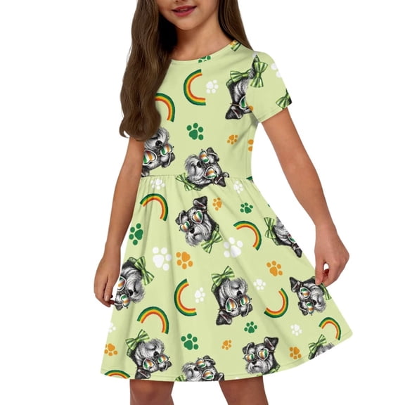 Uourmeti St. Patrick's Day Dress 2-3T Girls Summer Cute O Neck Knee A-line Dresses Schnauzer Print Casual Beach Dress with Pockets Holiday Clothes