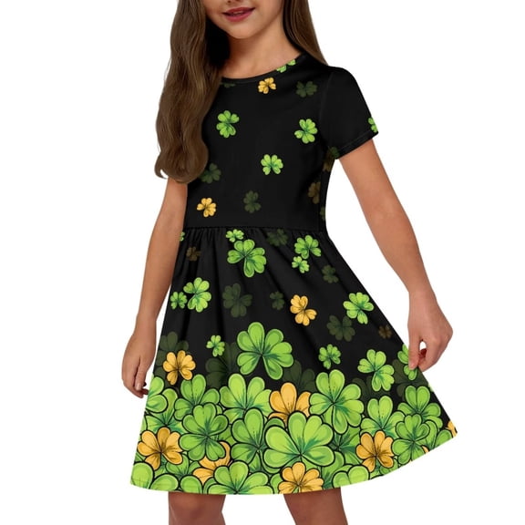Uourmeti St. Patrick's Day Dresses for Girls 10-12 Green Leaf O Neck Midi Dress with Pockets Lightweight Soft Holiday Party Dress