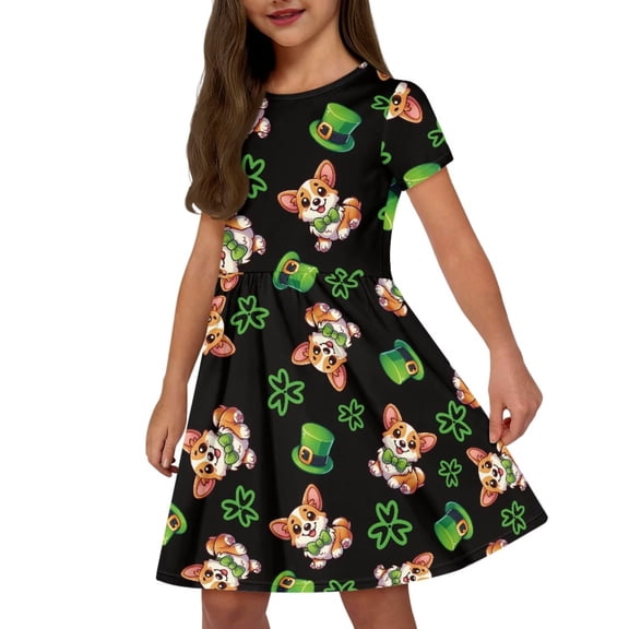 Uourmeti St. Patrick's Day Dresses for Girls 3-4 Cute Corgi Print Crew Neck Midi Dress Lightweight Soft Swing Dresses with Pockets