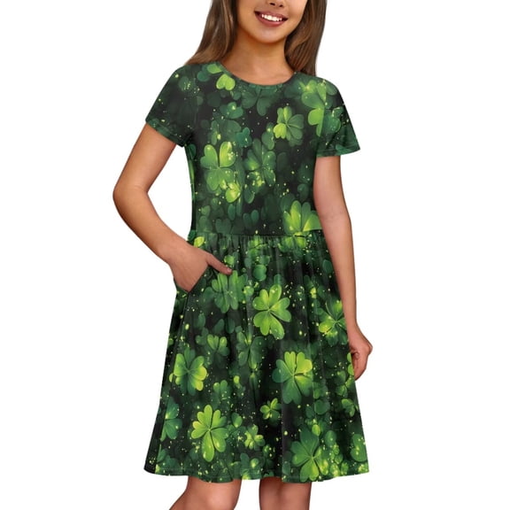 Uourmeti St. Patrick's Day Dresses for Kids Girls Green Leaf Print Short Sleeve Dress Casual Crew Neck Midi Dress with Pockets Holiday Clothes