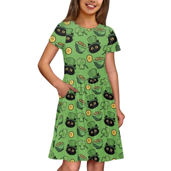 Uourmeti St. Patrick's Day Sundress for Girls 8-10 Cute Cat Print Short Sleeve Dresses Casual Loose Crewneck Knee Length A-Line Dress Trendy Soft Swing Dresses with Pockets