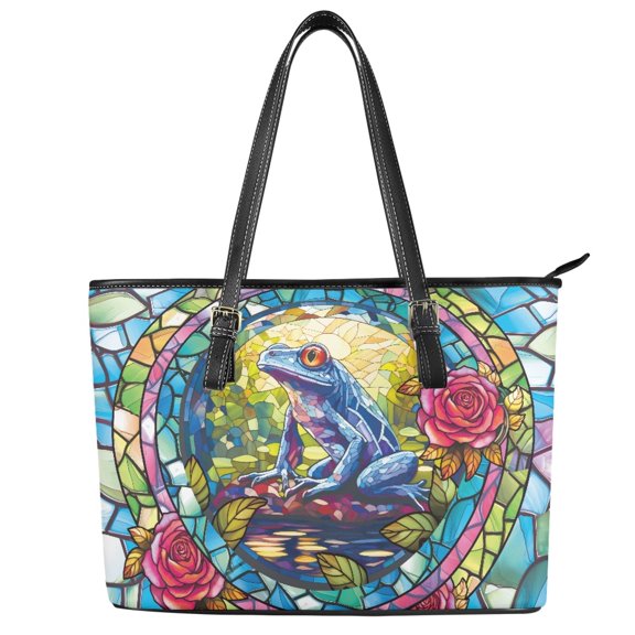 Uourmeti Stained Glass Frog Curved Handbag, PU Leather Tote Bag for Shopping, Zipper Large Capacity Saddle Handbag