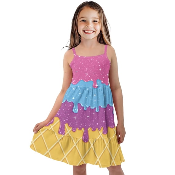 Uourmeti Starry Ice Cream Print Girls Summer Sundress Soft Spaghetti Straps Casual A Line Swing Dress 13-14T Toddler Kids Cami Tiered Dress
