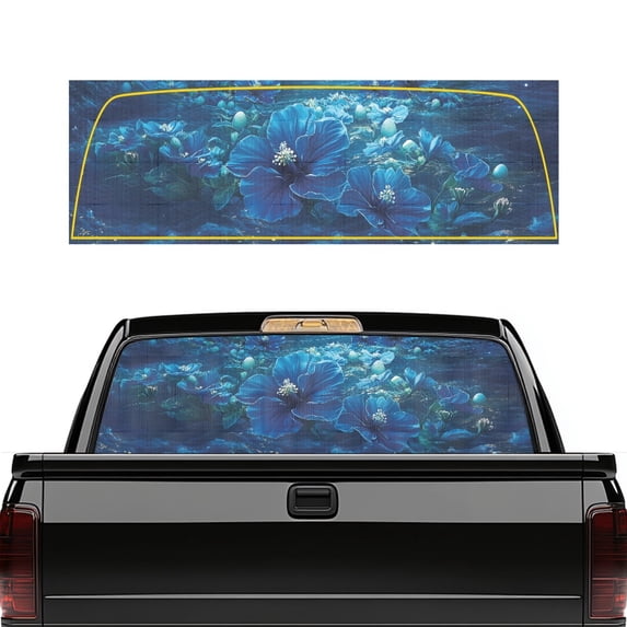 Uourmeti Starry Sea Blue Flower Truck Rear Window Decal 66.9 x 22.4 Inch Truck Back Glass Decal for Most Models, Vinyl Anti-UV Automotive Decals