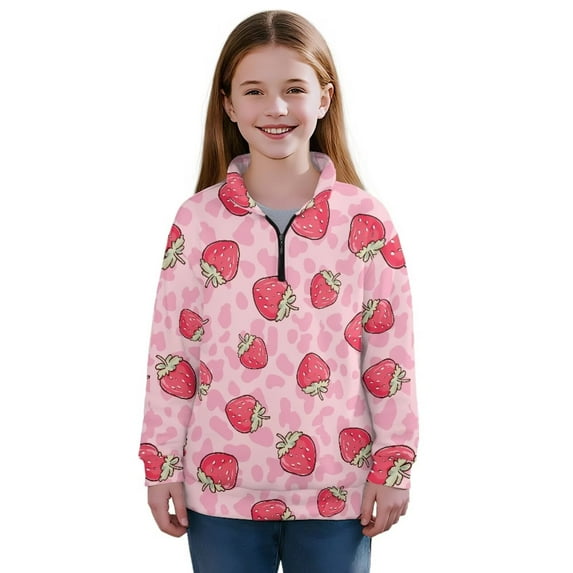 Uourmeti Strawberry Cow Print Girls Autumn Sweatshirt Half Zip Pullover Long Sleeve Lightweight Comfy Casual Loose Fall Top for School Daily Wear Size 13-14
