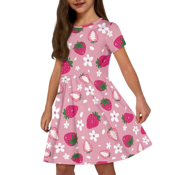 Uourmeti Strawberry Kids Short Sleeve Dresses Girls Cute Round Neck Knee Length A-Line Dress Flowers Lightweight Loose Swing Dresses for Beach School