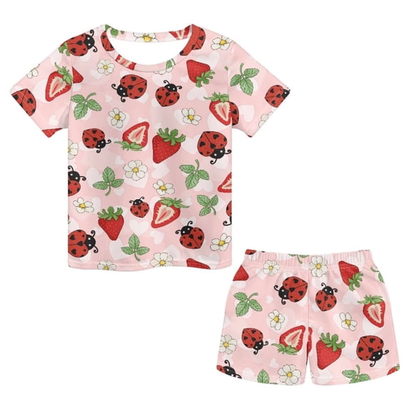 Uourmeti Strawberry Ladybug Girls Athletic Outfit Short Sleeve Crew Neck Tank Shorts Combo Pockets Little Girls Running Backyard School Tee T-shirts for Holiday Sport Activity
