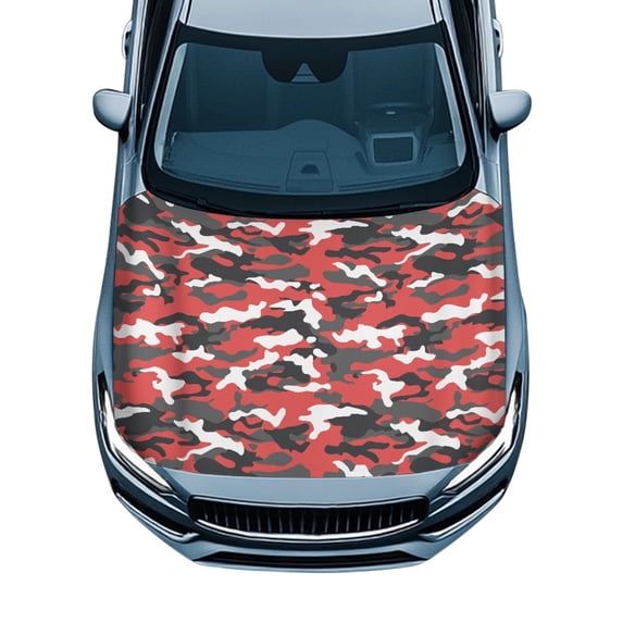 Uourmeti Stretch Car Hood Cover Protector for Van SUV Sedans, Red Black Camouflage Pattern Car Hood Decoration Swimsuit Fabric, Straps Reinforcement Car Accessories