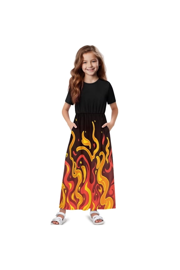 Summer Cartoon Fire Print Girls Dress Elegant Short Sleeve Crew Neck A-Line Flowy Maxi Dress for Kids with Pockets, Size 5-6 Years