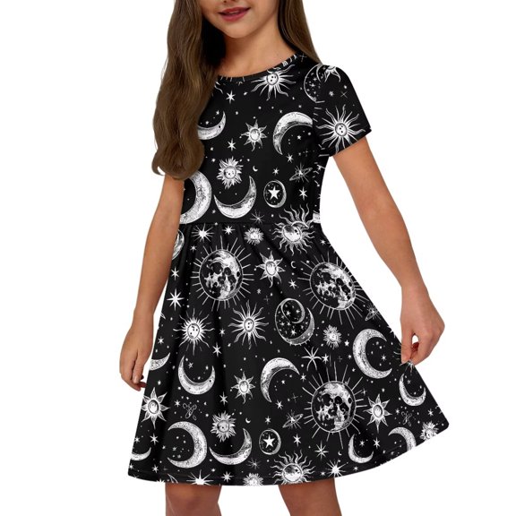 Uourmeti Sun and Moon Kids Dresses for Girls 2-14Y Summer Short Sleeve Swing Dress Fashion Soft Crew Neck Knee Length A-Line Dresses with Pockets