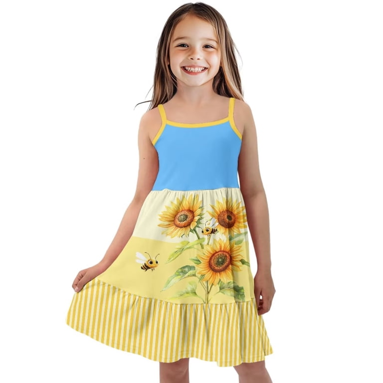 cute sunflower dress Uourmeti Bee Print Girls Sleeveless A Line Midi Tiered Sundress for Summer Kids Loose Swing Dresses,3-14T exclude:SERENE Color:Green/Silver Chiffon Floral Off Shoulder Crochet day wear * Easy