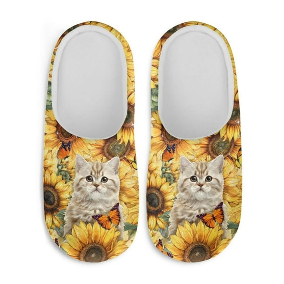 Uourmeti Sunflower Cat Butterfly Men's Cozy Home Shoes Warm Fuzzy Plush Comfy Non Slip Indoor Outdoor Slippers Anti Slip Rubber Sole Comfortable Sole