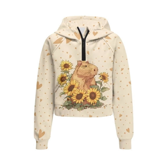 Uourmeti Sunflower Funny Capybara Girls Zip Up Sweatshirt with Pocket Quarter Zip Up Sweatshirts Oversize Plus Size Fall Winter Long Sleeve Top Size 13-14