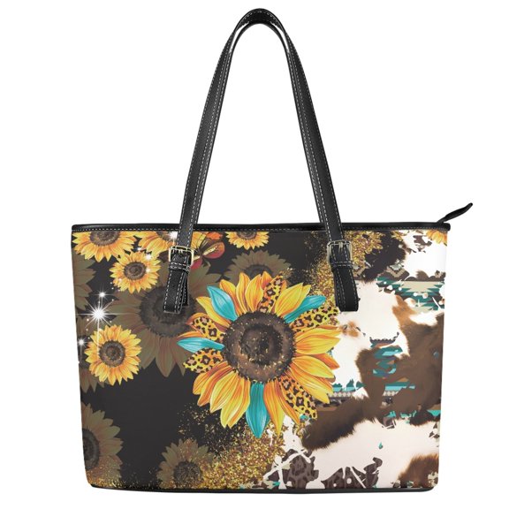 Uourmeti Sunflower Saddle Handbag, PU Leather Tote Bag for Work, Large Capacity Casual Curved Handbag