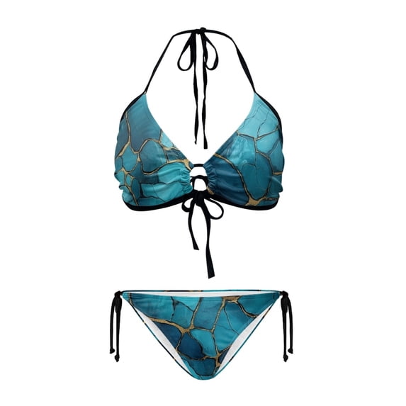 Uourmeti Teal Geode Resin Art Halter Neck Bikini Set - Sexy Two-Piece Triangle Swimsuit with Tie Sides - Perfect for Beach Vacations & Pool Parties