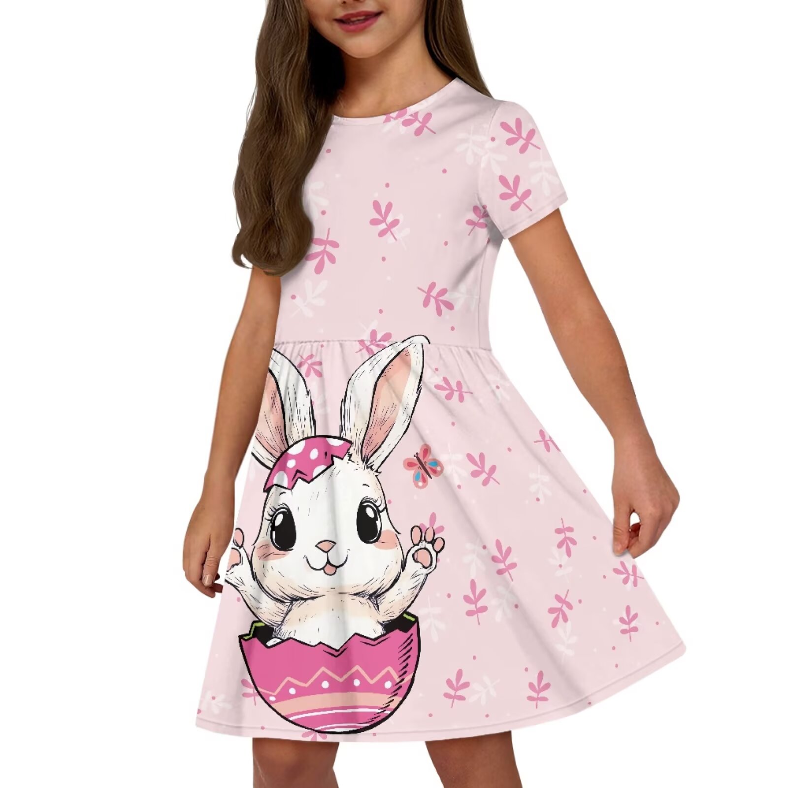 Uourmeti Teen Girls Short Sleeve Dress for Easter Cute Bunny Print Crew Neck Knee A-Line Dresses Lightweight Casual Swing Dress with Pockets