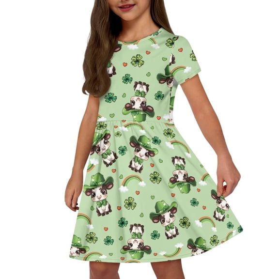 Uourmeti Teen Girls St. Patrick's Day Dress Size 10-12 Cow Print Short Sleeve Casual Pleated Flowy A-line Dresses Lightweight Soft Crewneck Knee-Length Dress with Pockets