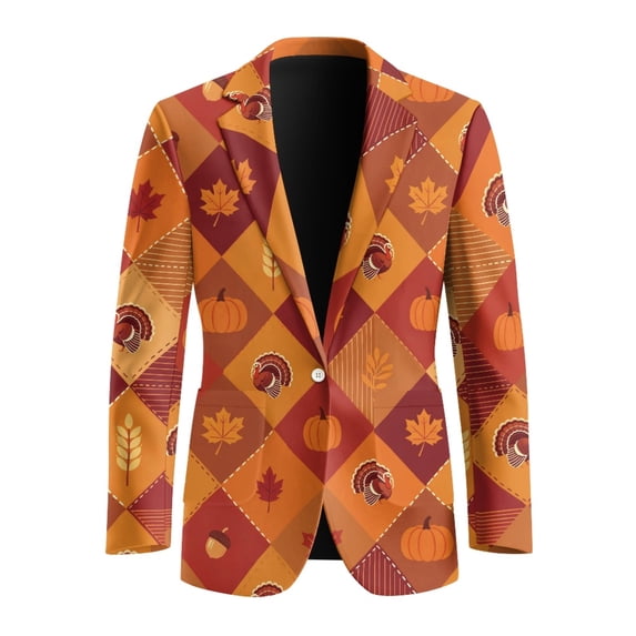 Uourmeti Thanksgiving Mens Blazer Suit Jacket Featuring Turkey Pumpkin, Single-Breasted Regular Fit Polyester for Daily Summer Wear